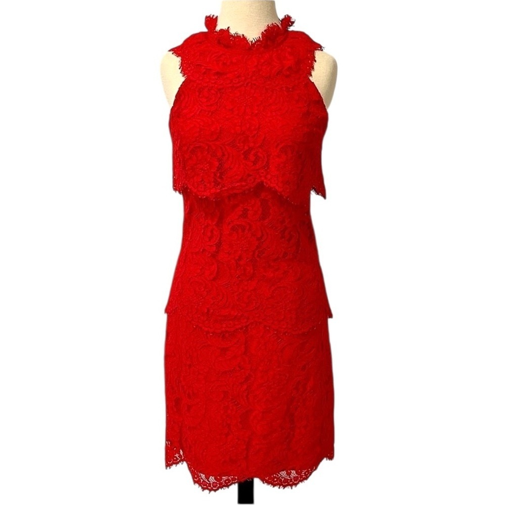 REISS Sophia Lace Overlay Dress China Red Tiered Size 4 NWT